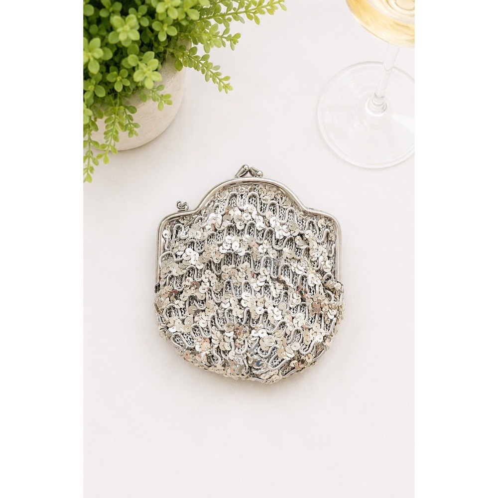 Vintage 1960s Silver Sequined Kiss Lock Cocktail Purse Retro Evening‎ Handbag